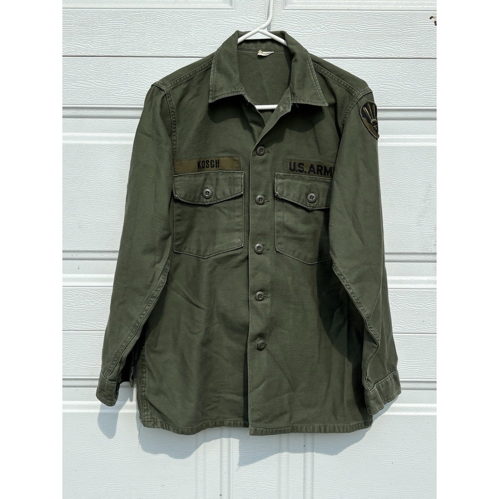 US Army OG-107 1970 Shirt Sateen Mens 15.5 x 33 Vietnam Military Okinawa Patch